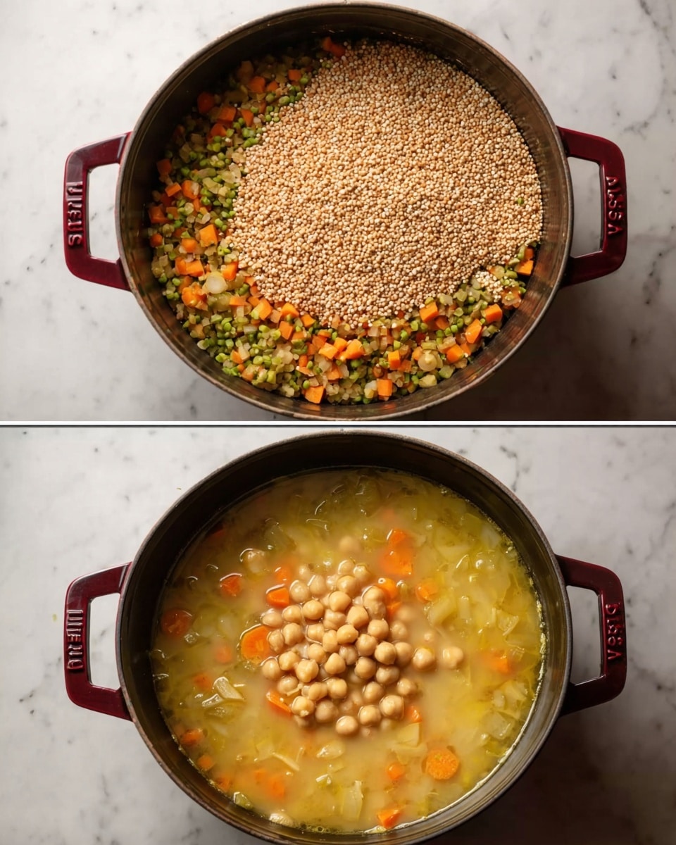 The image shows two views of a dark red cast iron pot with handles on both sides, placed on a white marbled surface. In the first view, the pot holds a bottom layer of mixed small chopped vegetables in light green, orange, and pale yellow shades, topped with a thick layer of small light brown grains covering about three-quarters of the pot's surface. The second view shows the same pot filled with a thick light yellow broth containing visible pieces of diced orange and green vegetables, with a cluster of round light beige chickpeas floating in the center. photo taken with an iphone --ar 4:5 --v 7