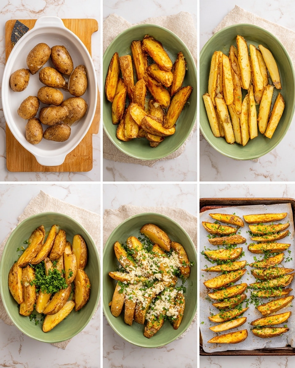 The first image shows six brown potatoes, some whole and some cut into thick wedges on a white oval dish and a wooden board with a knife. The second image has light yellow potato wedges in a green bowl with some garlic spread on top. The third image shows the same green bowl filled with potato wedges, sprinkled with white crumbs and green chopped herbs on top. In the fourth image, the green bowl is full of potato wedges mixed with crumbs and herbs evenly distributed. The fifth image shows two rows of the potato wedges spread out on white parchment paper on a baking tray, with some herbs scattered over them. The last image has the baked potato wedges, now golden brown with some darker spots, arranged similarly on the same white parchment paper. The background is a white marbled texture in all images. photo taken with an iphone --ar 4:5 --v 7