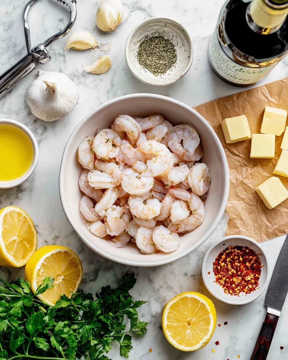 A white bowl filled with a layer of pink and white cooked shrimp sits in the center on a white marbled surface. Surrounding the bowl are various ingredients: a bunch of green parsley at the bottom, two lemon halves with bright yellow flesh beside the parsley, a small white bowl containing red pepper flakes on the right, a white bowl filled with black pepper on the left, and several pieces of yellow butter on a piece of brown parchment paper with a silver knife beside them on the right. There are whole garlic cloves and a garlic press tool near the top left of the shrimp bowl. A bottle of wine is partly visible on the upper right. photo taken with an iphone --ar 4:5 --v 7