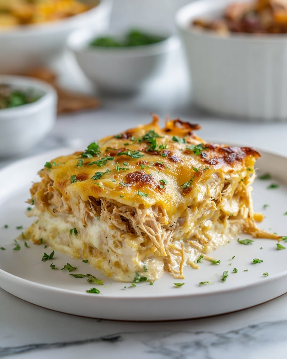 A close-up of a layered dish showing three main layers: the bottom layer is a creamy mixture with a soft texture, the middle layer has shredded white meat with melted stringy cheese stretching down from it, and the top layer is a golden brown baked cheese crust with some melted yellow cheese and sprinkled fresh green parsley pieces on top, all set on a white marbled surface. photo taken with an iphone --ar 4:5 --v 7