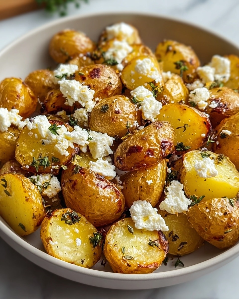 The dish is a bowl filled with two layers of halved roasted yellow potatoes that show a golden brown crispy texture with some charred spots, topped with uneven chunks of white cheese scattered across the top. Small green herb sprigs are placed evenly on the potatoes, and there are tiny black pepper flakes visible throughout. The bowl is white with tiny gray speckles, and it sits on a white marbled surface. photo taken with an iphone --ar 4:5 --v 7