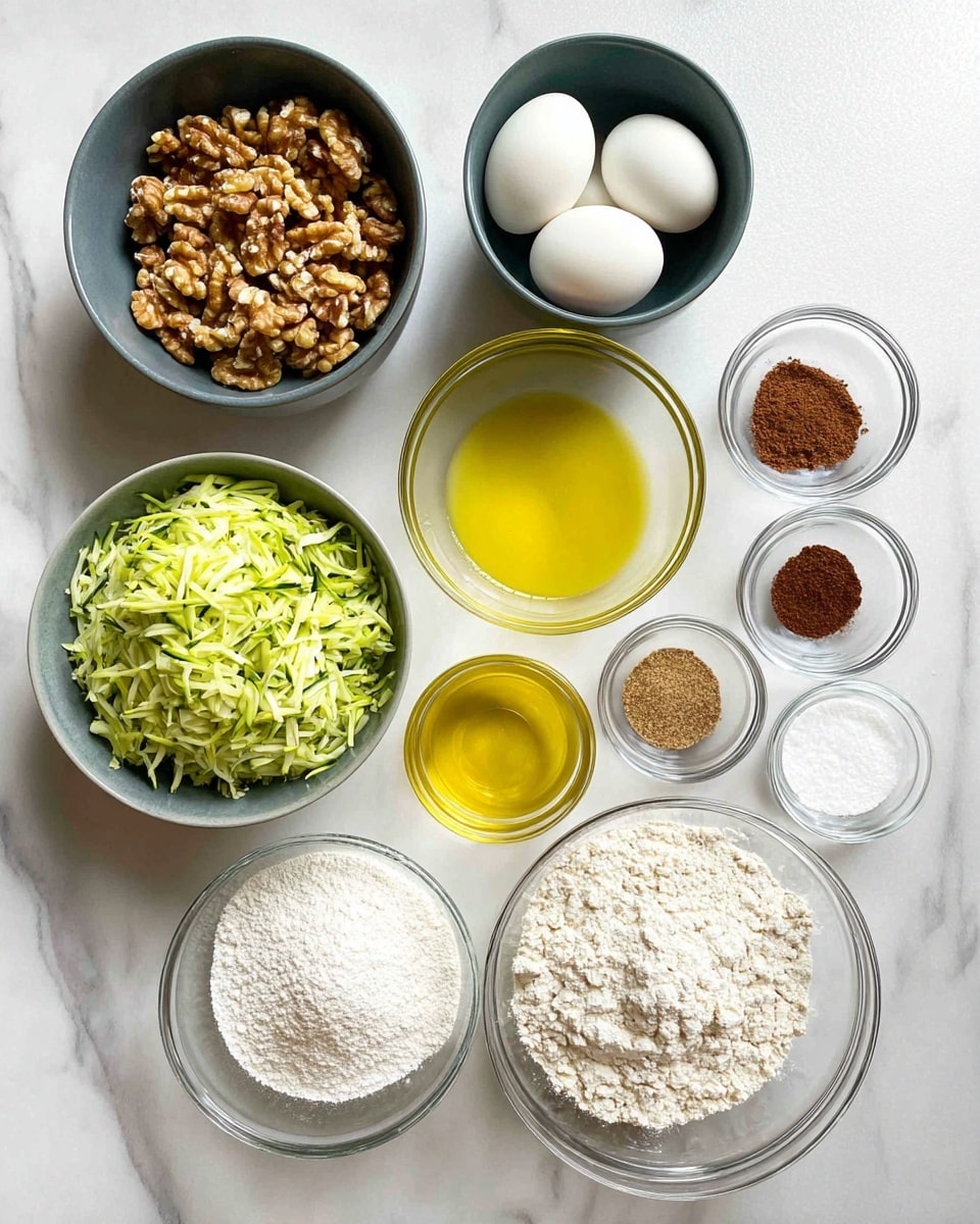 The image shows several bowls arranged on a white marbled surface, each containing different baking ingredients. There are two dark gray bowls, one filled with chopped walnuts that are light brown with a rough texture and the other filled with shredded green zucchini. Between these is a small glass bowl with a bright yellow oil. In the middle, there is a large clear glass bowl with white flour that has a soft, powdery texture, and next to it, another clear glass bowl with three whole yellow eggs and whites. On the top right, there are five small clear glass bowls, each with a different ingredient: white granulated sugar, dark brown cinnamon powder, white baking powder, white salt, and clear vanilla extract, all arranged neatly. The setup is clean and bright. photo taken with an iphone --ar 4:5 --v 7