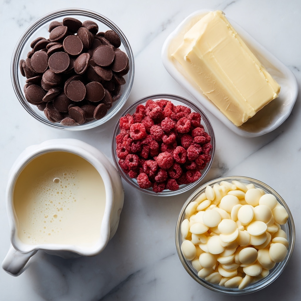 Four clear glass bowls and a white cream pitcher are arranged on a white marbled surface. The top bowl is filled with small, round dark chocolate discs, nearly full and dark brown in color. To the right of it, a small bowl holds a pale yellow block of butter with a smooth texture. Below, another bowl contains freeze-dried raspberries, bright red with a rough, crumbly texture, filling the bowl loosely. At the bottom, a larger clear bowl is filled with smooth, creamy white chocolate chips, creamy off-white in color. To the left of this bowl, a small white pitcher holds light beige heavy cream with visible small bubbles on the surface. The setup is clean and bright, with each ingredient clearly separated. Photo taken with an iphone --ar 4:5 --v 7