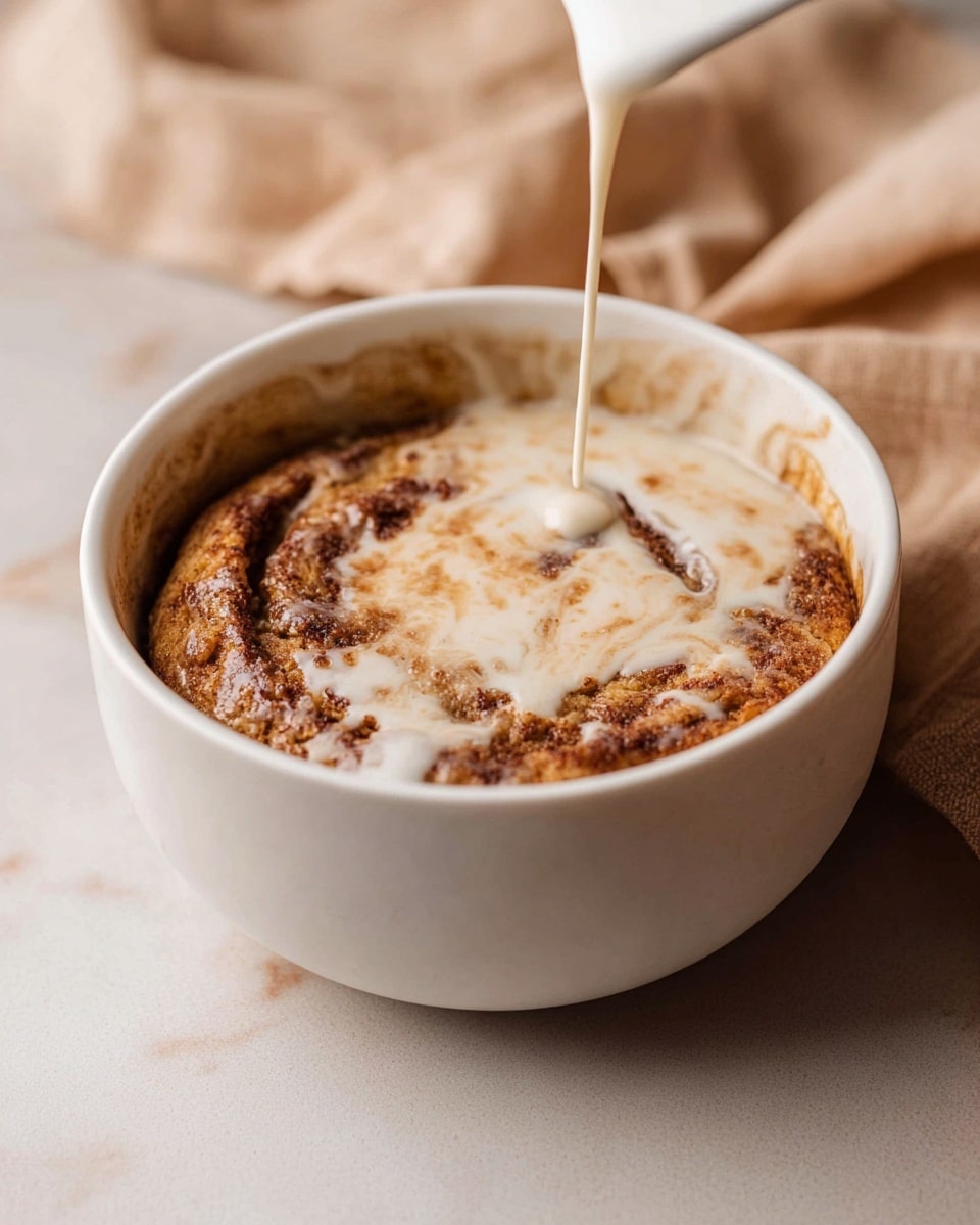 The image shows a white bowl on a white marbled surface with a creamy, golden-brown cinnamon swirl cake inside. The cake has a slightly rough texture on top with darker brown cinnamon patterns around the edges and inside. A white liquid glaze is being poured over the cake, creating a shiny wet layer that drips onto the cake’s uneven surface. In the background, there is a soft focus beige cloth adding a warm tone to the setting. photo taken with an iphone --ar 4:5 --v 7