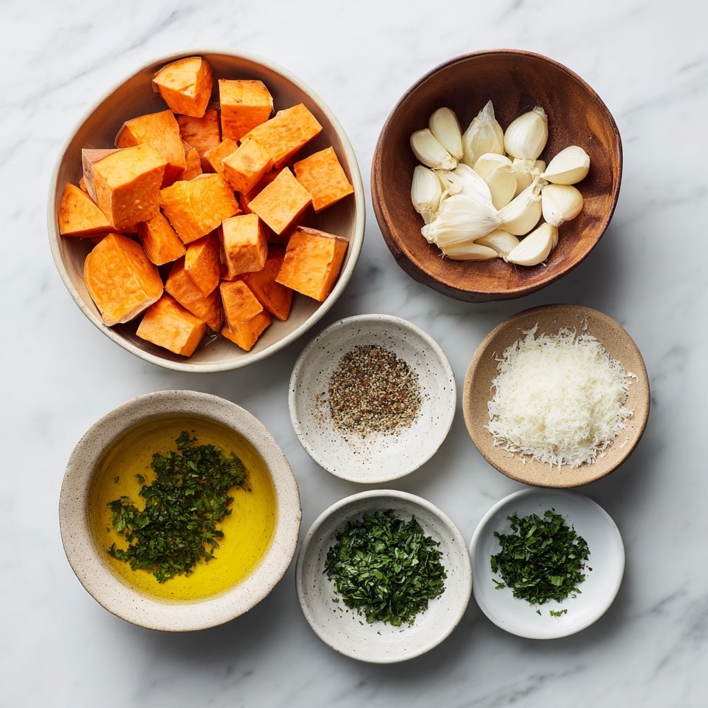 A white bowl filled with several thick, roasted orange sweet potato pieces with dark char marks on their edges. The sweet potatoes are coated with small green herb bits and sprinkled with white grated cheese on top. The surface below the bowl shows a white marbled texture. The lighting highlights the glossy and slightly crispy texture of the sweet potatoes photo taken with an iphone --ar 4:5 --v 7