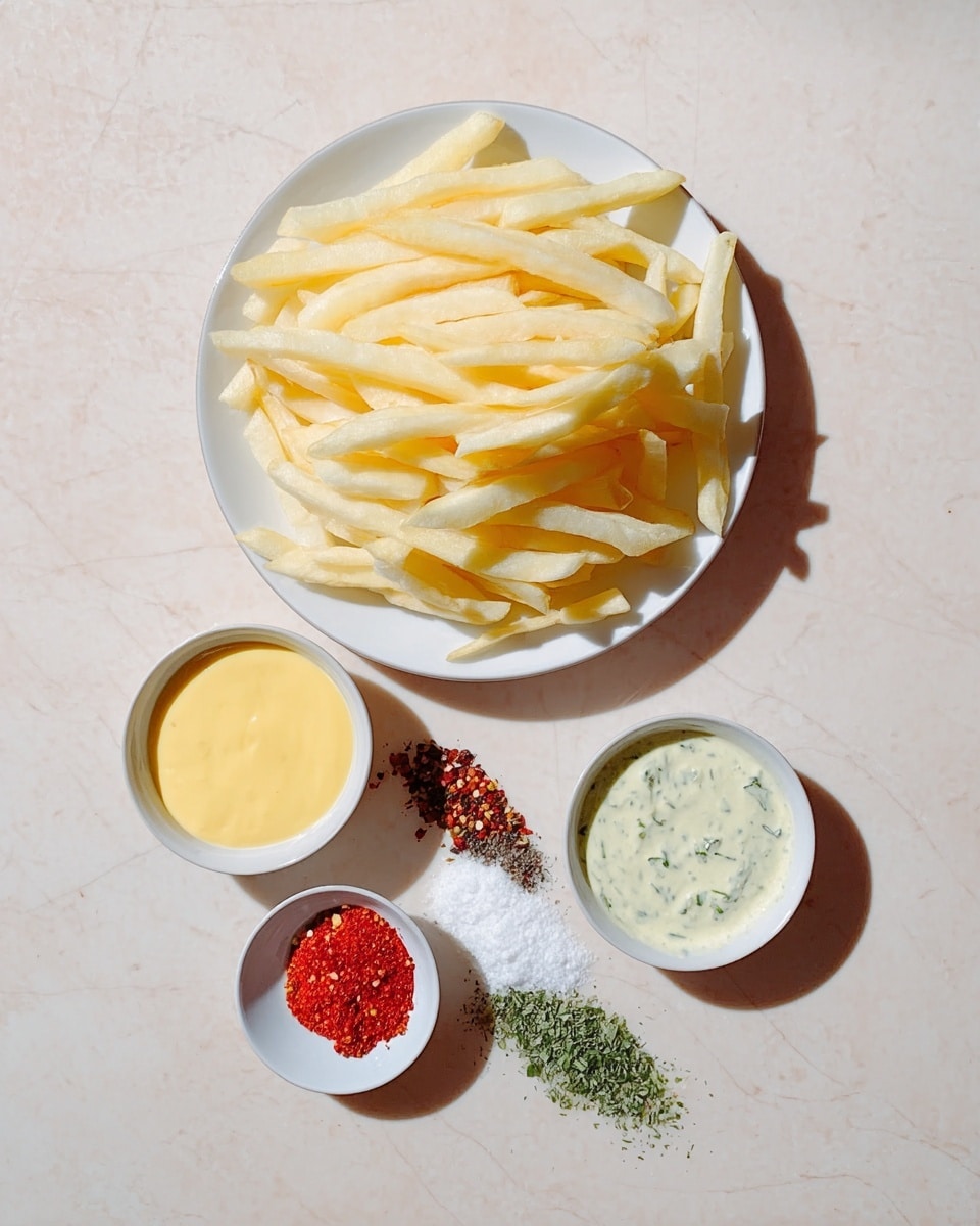 A white plate filled with uncooked pale yellow fries stacked unevenly, placed on a light surface with a white marbled texture. Below the plate, three small white bowls are arranged, each containing a different item: one bowl holds a smooth yellow sauce, another bowl contains a light green creamy sauce with green herbs mixed in, and the last bowl features an assortment of colorful spices including red, white, black, and green powders spread in small clusters. The scene is bright and well-lit, showing clear shadows and textures. Photo taken with an iphone --ar 4:5 --v 7