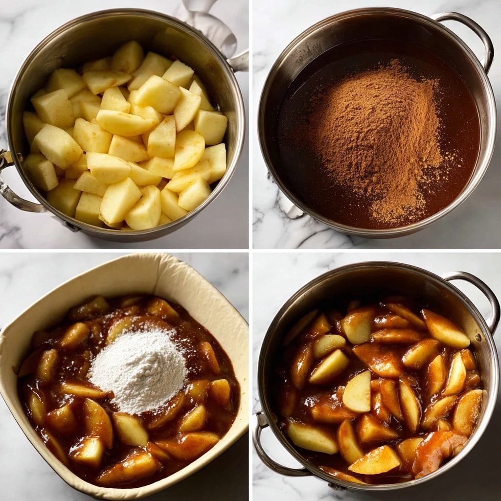 Three square pieces of dessert are placed on a white plate with a ribbed edge, set on a white marbled surface. Each piece has three visible layers: the bottom layer is a light golden-brown thick crust, the middle layer shows soft caramelized fruit slices with a glossy dark brown color, and the top layer is crumbly with a pale beige texture that looks like streusel topping. A striped cloth in neutral tones is softly blurred in the background. photo taken with an iphone --ar 4:5 --v 7