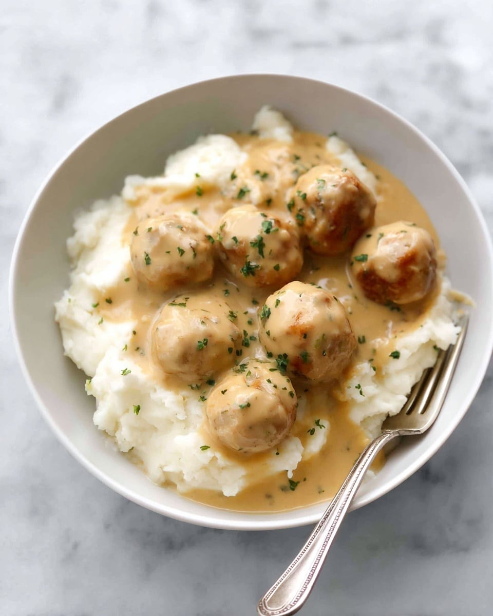 A gray metal pan with a shiny handle holds multiple light brown meatballs all covered in a smooth, thick, creamy pale yellow sauce that fills the pan nearly to the top. The sauce has small green pieces of chopped herbs sprinkled evenly over the surface, adding a fresh touch. A black-handled spoon rests inside the pan on the right side, partially submerged in the sauce. The pan sits on a white marbled surface, creating a clean, bright background that contrasts with the warm tones of the dish. photo taken with an iphone --ar 4:5 --v 7