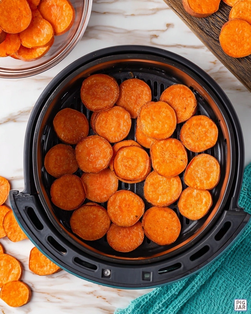 A close-up of a vibrant orange sweet potato chip held by a woman's hand, showing its crispy texture with slightly darker edges and a smooth white creamy dip on one side sprinkled with a light dusting of red spice. In the background, there is a white bowl filled with more sweet potato chips, some topped with small green herb pieces, all set on a white marbled surface. photo taken with an iphone --ar 4:5 --v 7