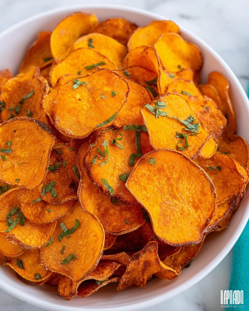 The image shows a white bowl filled with many thin, round slices of crispy sweet potato chips. The chips have an orange color with slightly brown edges, showing their cooked and crunchy texture. Scattered on top are small pieces of fresh green herbs, adding a touch of color contrast. The bowl sits on a white marbled surface, creating a clean and simple background. photo taken with an iphone --ar 4:5 --v 7