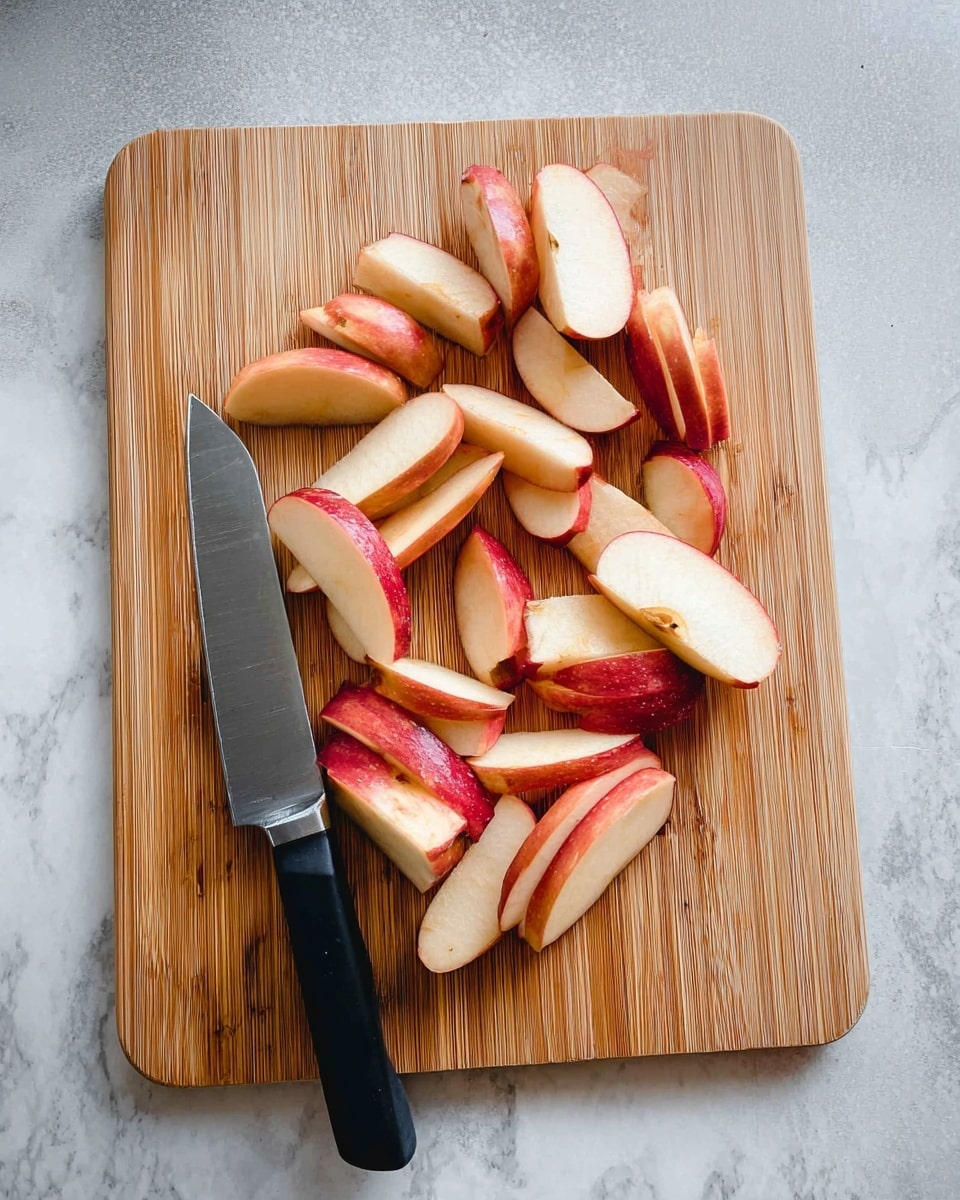 The image shows a bamboo cutting board with many red apple slices spread out in different directions. The apple slices are mostly thin, with red skin and white flesh visible. A large kitchen knife with a black handle rests on the left side of the board. The cutting board is placed on a white marbled surface. photo taken with an iphone --ar 4:5 --v 7