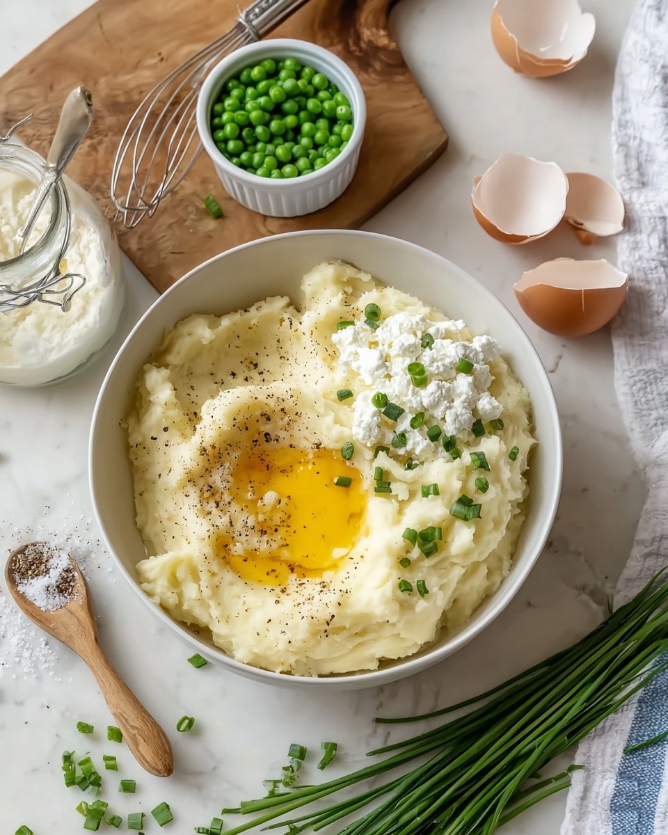 A white bowl filled with creamy mashed potatoes forms the base layer, topped on one side by a bright yellow raw egg yolk with black pepper sprinkled nearby. On the opposite side, a dollop of white cottage cheese with small green herbs sits on the mashed potatoes. Around the bowl, there are scattered green chopped chives, a few piles of black pepper, and a small white ramekin with coarse salt and more chives. Behind the bowl, on a white marbled surface, is a wooden cutting board with a metal whisk, green peas in a white ramekin, and some cracked eggshells. Fresh green chives lie across the foreground, and a small glass jar of cottage cheese with a wooden spoon and a white towel with blue stripes is in the background. photo taken with an iphone --ar 4:5 --v 7