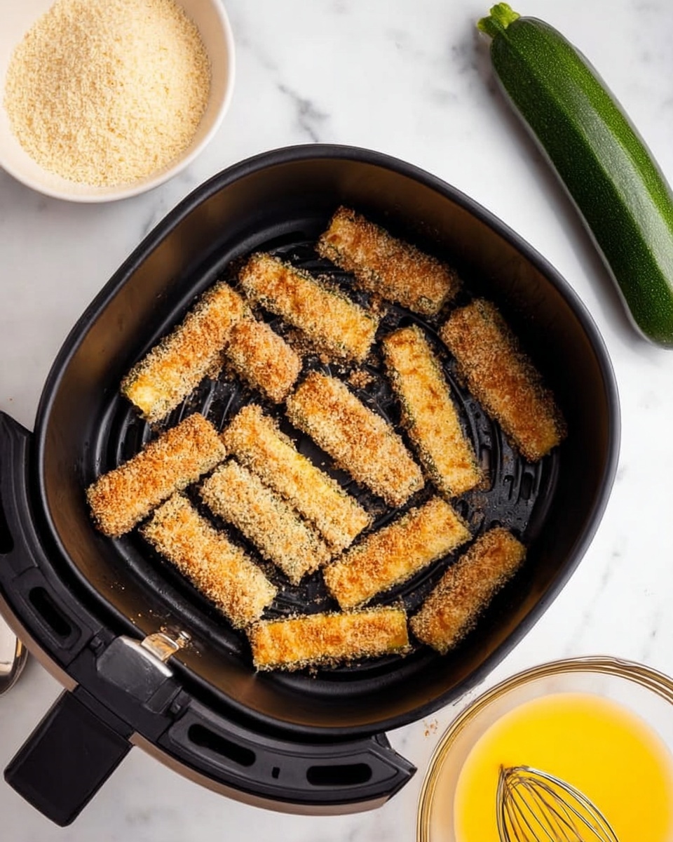 The image shows a black air fryer basket filled with golden-brown, crispy zucchini sticks arranged loosely in a single layer across the basket. The zucchini sticks have a crumbly, textured coating that looks crunchy. Around the air fryer basket, there is a white bowl with breadcrumbs at the top left and a whole green zucchini placed diagonally at the top right. In the bottom right corner, a clear glass bowl contains a beaten yellow egg mixture with a whisk inside. The background surface is a white marbled texture. photo taken with an iphone --ar 4:5 --v 7