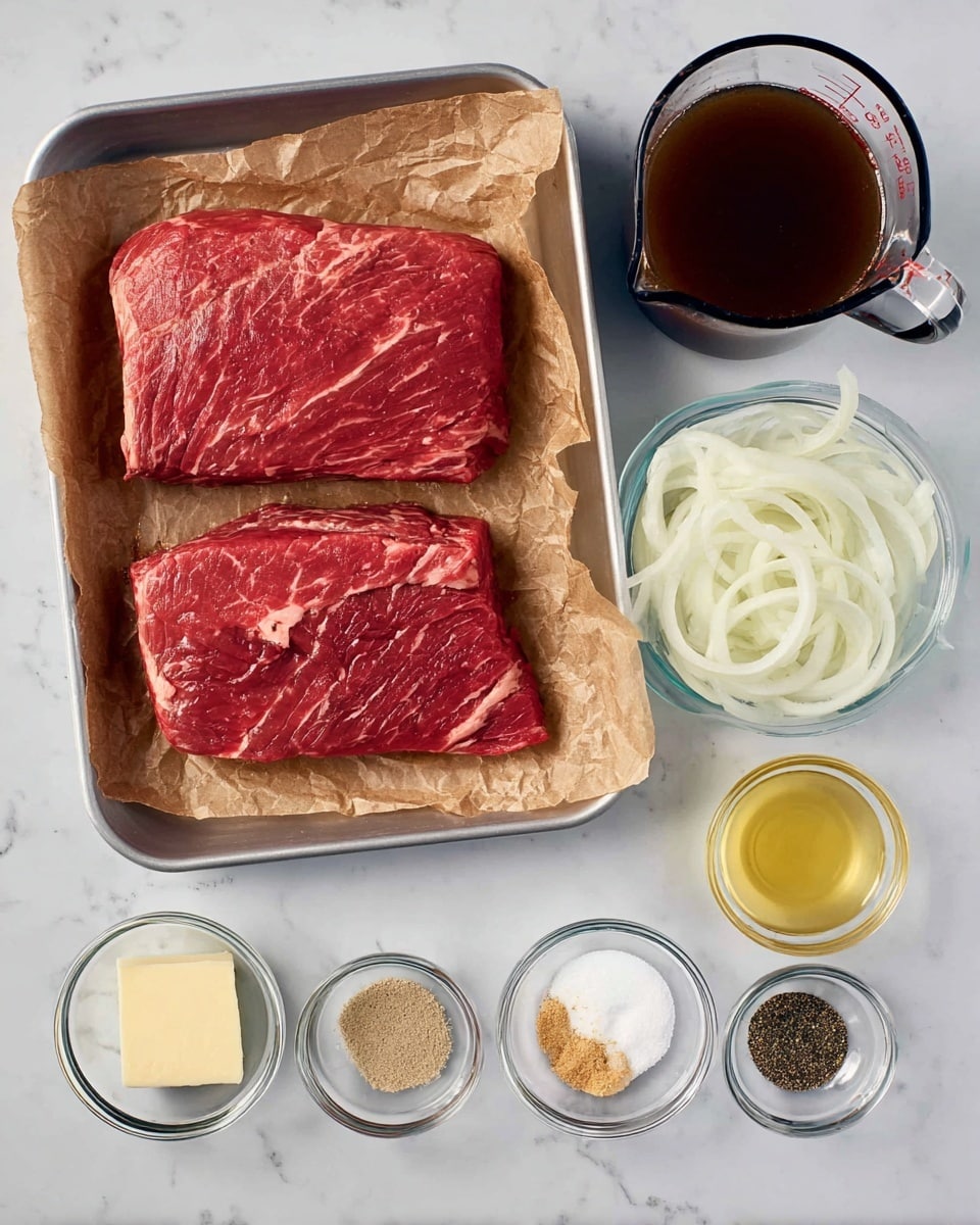 The image shows two large bright red raw flank steaks with white marbled fat, placed flat on a piece of crinkled brown parchment paper inside a shiny metal tray on a white marbled surface. To the right, there is a clear glass measuring cup filled with dark brown beef broth. Below the meat and broth are several small clear glass bowls, each holding a different ingredient: thinly sliced white onions with a slightly glossy texture, pale yellow lime juice, light golden cooking oil, white salt crystals, coarse ground black pepper, and a small amount of light brown garlic powder. Each item is arranged neatly and spaced evenly on the white marbled surface. Photo taken with an iphone --ar 4:5 --v 7