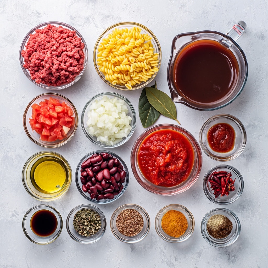 The image shows multiple small clear glass bowls arranged neatly on a white marbled surface, each containing a different ingredient. Starting from the top left, a bowl holds raw ground beef with a pinkish-red color. To its right, a larger glass measuring cup is filled with dark brown beef broth. Below that, another cup contains bright red diced tomatoes, and next to it is a measuring cup with a smooth dark red tomato sauce. To the left, a bowl holds yellow macaroni pasta with a curved shape, and below it, a bowl of finely chopped white onions sits. Further left is a small bowl of shiny dark red kidney beans. At the bottom left, a bowl contains a mix of different spices in varied colors including reds, browns, and yellows. Next to it are smaller bowls; one with dark brown Worcestershire sauce, one with red tomato paste, and one with light yellow oil. On the bottom right, small bowls contain crushed garlic, a dark green bay leaf, and two dried red chili peppers. The overall layout is clear and organized, with colors that contrast well against the white marbled surface photo taken with an iphone --ar 4:5 --v 7