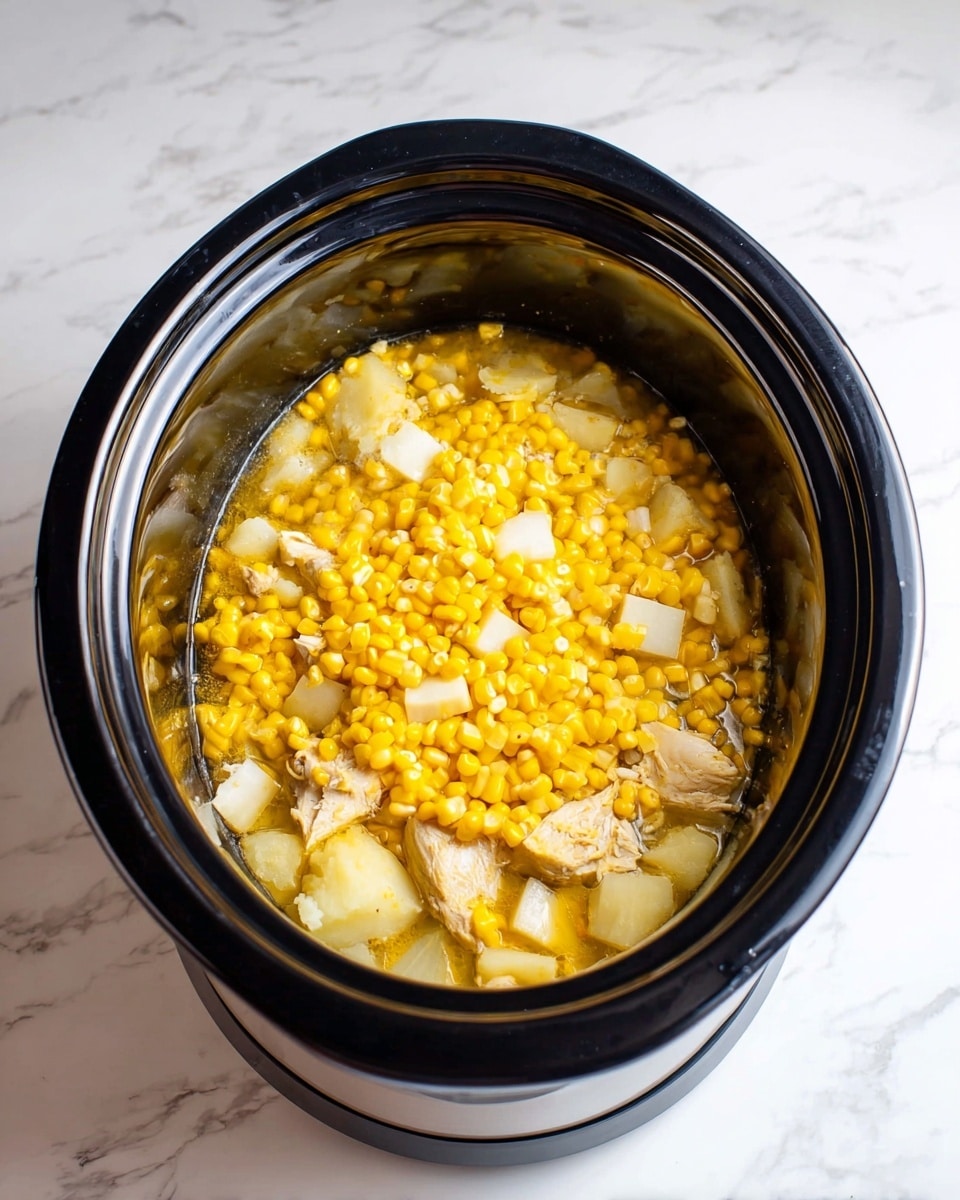 A black slow cooker filled with layers of food sits on a white marbled surface. The bottom layer is light yellow mashed potatoes, visible through the gaps. On top, there are thick pieces of light beige chicken partially covered by bright yellow corn kernels mixed with small white potato cubes, all soaked in a clear liquid broth. The ingredients fill the cooker almost to the top. photo taken with an iphone --ar 4:5 --v 7