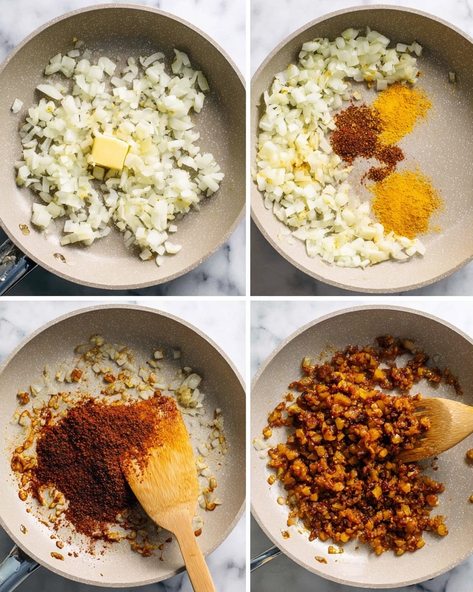 A collage of four images shows a cooking process in a light gray pan placed on a white marbled surface. The first image has finely chopped white onions with a small pile of light yellow butter near the center. In the second image, the onions look softer and lightly cooked, spread evenly in the pan with a wooden spatula resting on the right side. The third image shows the onions cooked more with a mix of bright yellow turmeric and dark red chili powder spices in the center while the onions are spread around the spices. The fourth image reveals a thick, dark brown and orange mix with small diced pieces cooked down in the pan, with the wooden spatula still on the right. photo taken with an iphone --ar 4:5 --v 7