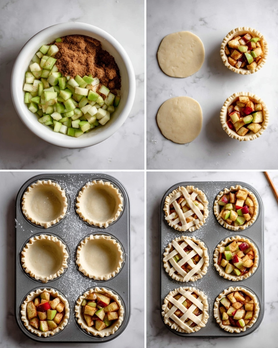 The image shows six steps of making mini apple pies arranged in a grid. Step 1 has a white bowl filled with chopped green and red apple pieces topped with a brown cinnamon and sugar mix in the center. Step 2 shows a white surface with rolled out light beige dough with five round shapes cut out. Step 3 features a metal muffin tray with twelve shallow wells lined with smooth light beige dough shells, and a small brush on the tray. Step 4 has the same tray filled with the mixed apple pieces inside each dough-lined well. Step 5 shows the tray with each mini pie now covered with a lattice pattern made of light beige dough strips. Step 6 displays the baked mini apple pies in the tray with golden brown crusts and some sugar sprinkled on top, showing a nice baked texture. The background throughout is a white marbled texture. photo taken with an iphone --ar 4:5 --v 7