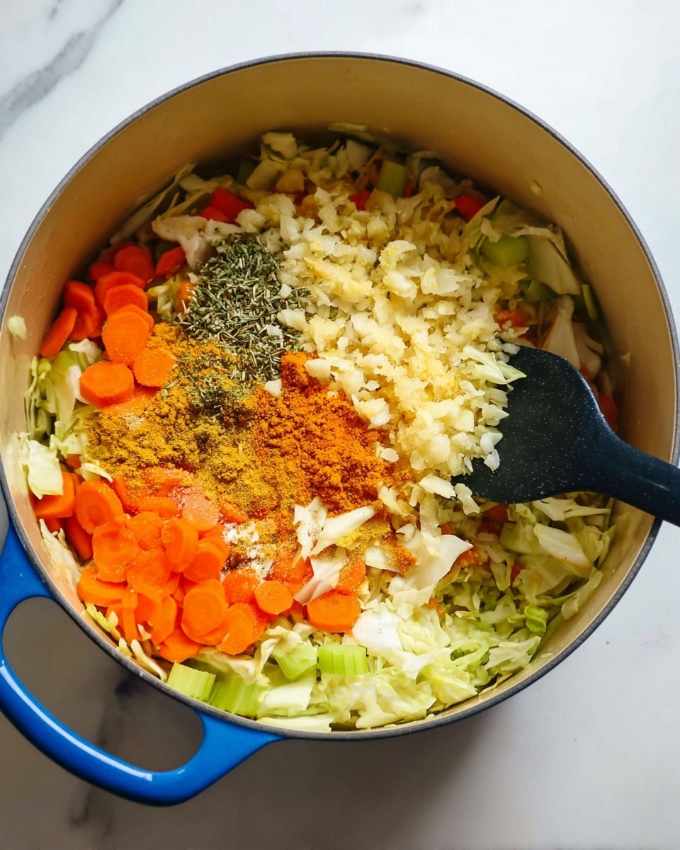 The image shows a blue pot filled with a mix of vegetables and spices. At the bottom layer, there are slices of orange carrots, chopped green celery, and shredded pale cabbage, giving a mix of bright green, orange, and light cream colors. On top of the vegetables, there is a heap of finely chopped pale yellow garlic, some white pieces of onion, and a cluster of different spices including orange turmeric powder, white salt, and small dark green herbs. A black spatula is partially placed in the pot, stirring the ingredients. The pot sits on a white marbled surface. Photo taken with an iphone --ar 4:5 --v 7