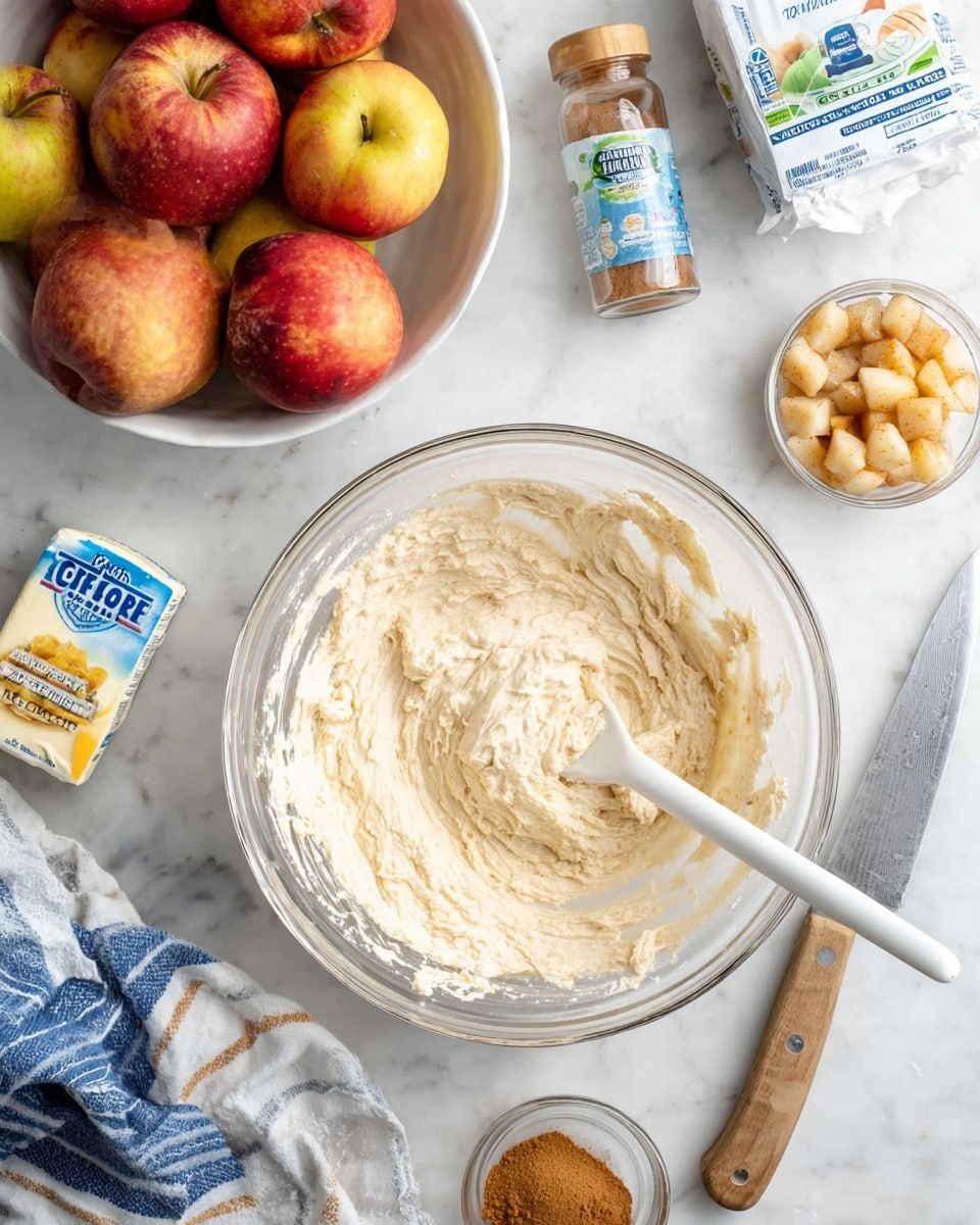 The image shows a metal loaf pan lined with white parchment paper filled with a thick, creamy batter layer topped with small diced apple pieces sprinkled with cinnamon, giving a warm brown and orange speckled look. Next to the pan is a small glass bowl with more of the same apple-cinnamon mixture. Nearby is a white bowl holding three whole red apples with a smooth texture. To the right is a bottle of ground cinnamon with a green label, and below the pan is a carton of country cream, all placed on a white marbled surface. A knife with a light wooden handle lays to the right of the cinnamon bottle. A gray and white striped cloth adds a soft touch behind the pan. The whole setup has soft, natural light coming from the top left. photo taken with an iphone --ar 4:5 --v 7