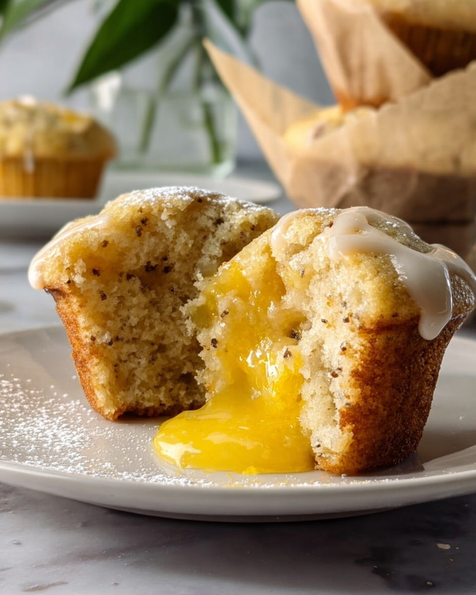 A close-up of a muffin torn in half on a white plate, showing a soft, light beige crumb with small dark specks inside. Bright yellow, thick lemon filling oozes from the center, dripping slightly onto the plate. The muffin top is textured with a drizzle of white icing. In the background, there are more muffins wrapped in brown parchment paper with a soft-focus view of green leaves in a glass jar. Powdered sugar is lightly dusted on the plate and muffin. The surface is a white marbled texture. photo taken with an iphone --ar 4:5 --v 7