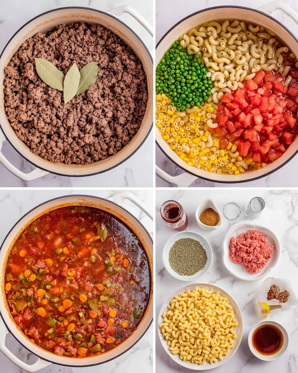 The image shows a cooking process in a white pot with a brown rim set on a white marbled surface. The first layer is cooked ground beef with two light brown bay leaves placed on top, filling the pot. The second layer shows the pot filled with a mix of clear brown broth, chopped green beans, orange carrot bits, peas, whole yellow corn kernels, diced red tomatoes, and a single bay leaf floating on the surface. The final layer is a thick soup with elbow macaroni pasta, browned ground beef, diced red tomatoes, green beans, corn, and orange carrots, all mixed in a rich reddish-brown sauce that fills the pot evenly. Next to these images, all the raw ingredients are laid out neatly on the white marbled surface including a white bowl of yellow elbow macaroni, a white plate with raw ground beef, a white bowl of frozen mixed vegetables, a white plate with a mix of seasoning including pink salt, black pepper, and two bay leaves, a can of chopped tomatoes, a small cup of tomato paste, a measuring cup with brown broth, and a small bowl of a dark liquid. photo taken with an iphone --ar 4:5 --v 7