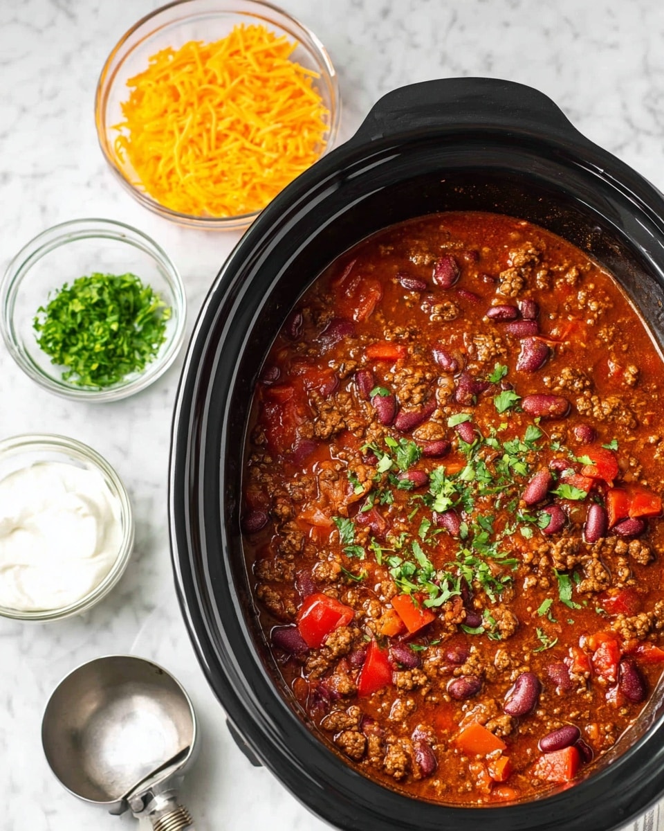 A large black slow cooker filled with thick chili featuring layers of red beans, brown ground meat, large chunks of red tomato, and small bits of green herbs sprinkled on top, resting on a white marbled surface. Nearby are three small clear bowls each with a different topping: shredded bright orange cheddar cheese, fresh green chopped herbs, and smooth white sour cream. A silver soup ladle is also placed next to the bowls. photo taken with an iphone --ar 4:5 --v 7