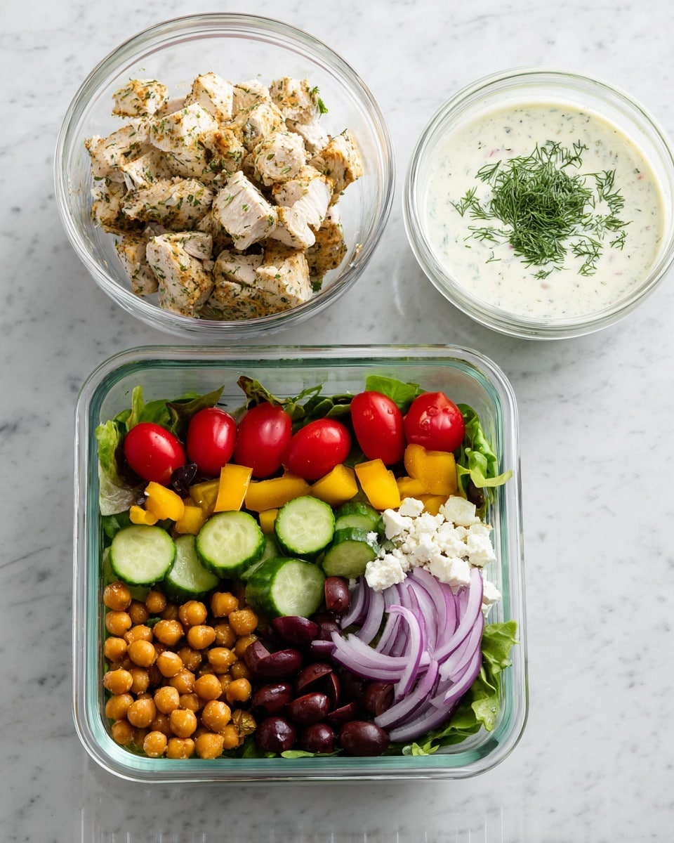 The image shows a white square glass container filled with a layered salad. The bottom layer is dark green mixed leafy greens. On top, the salad includes a row of small red cherry tomatoes, yellow bell pepper pieces, dark purple Kalamata olives, green cucumber chunks, thin slices of light purple onion, a pile of golden roasted chickpeas, and crumbled white feta cheese. Above the salad, there is a round clear glass bowl with chunks of seasoned cooked chicken, light beige with herbs. To the right, a smaller round clear glass bowl contains a creamy white sauce with green dill sprigs on top. All are placed on a white marbled surface. Photo taken with an iphone --ar 4:5 --v 7