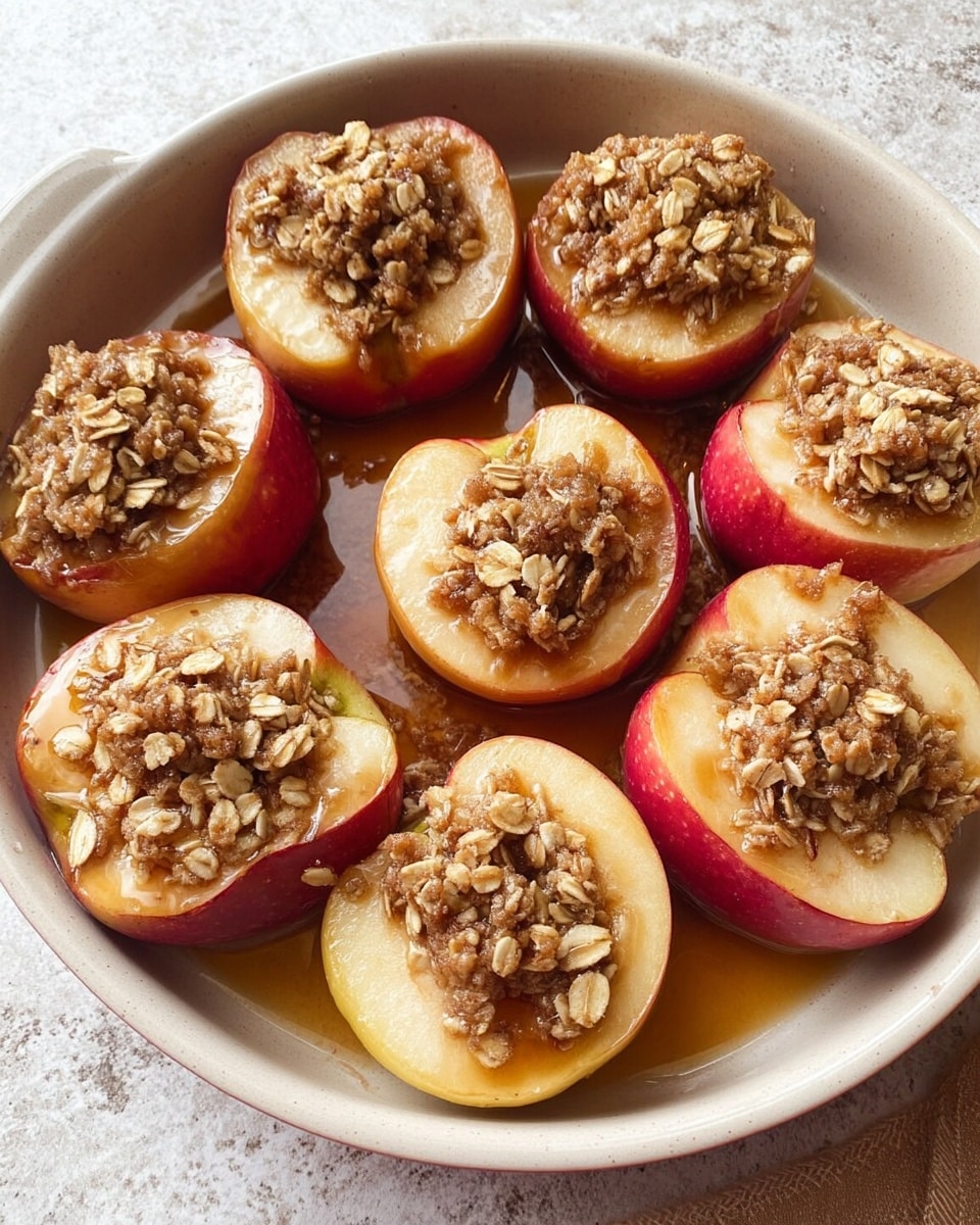 The image shows a white round dish filled with eight apple halves arranged in a circle. Each apple half is red or yellow with its core removed and stuffed with a crumbly oat mixture that looks golden brown and textured with oats on top. The white marbled textured surface is faintly visible around the dish. The dish and apples have a slight shine from syrup or juice. Photo taken with an iphone --ar 4:5 --v 7