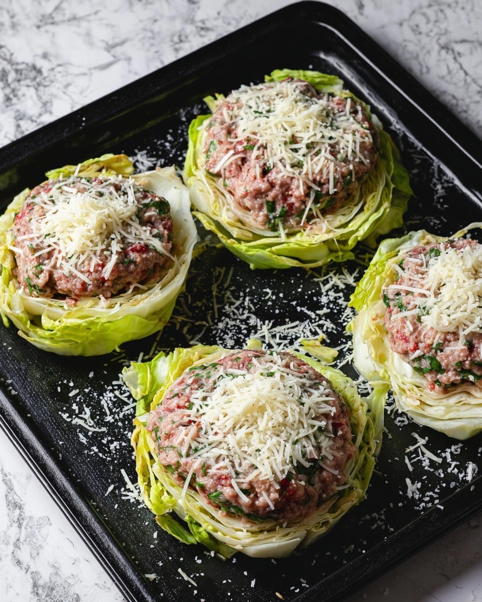 The image shows four cabbage rounds arranged on a black baking tray with a white marbled surface underneath. Each round has three visible layers: the bottom layer is pale green cabbage leaves with a slightly ruffled texture, the middle layer is a thick patty of raw mixed meat with herbs showing bits of green and brown, and on top of the meat there is a light sprinkling of white shredded cheese. The cabbage leaves form a raised base, the meat sits evenly on top, and the cheese is scattered loosely on the meat. The surface of the baking tray has some coarse salt sprinkled around the cabbage rounds. photo taken with an iphone --ar 4:5 --v 7