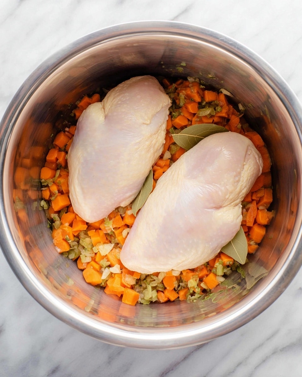 A close-up view of a black ladle holding a mix of shredded light beige chicken, small round orange carrot pieces, and short pasta pieces above a pot filled with chicken soup. The soup is a light yellow broth with visible carrot slices and shredded chicken floating inside the metal pot. The background is a white marbled texture. photo taken with an iphone --ar 4:5 --v 7