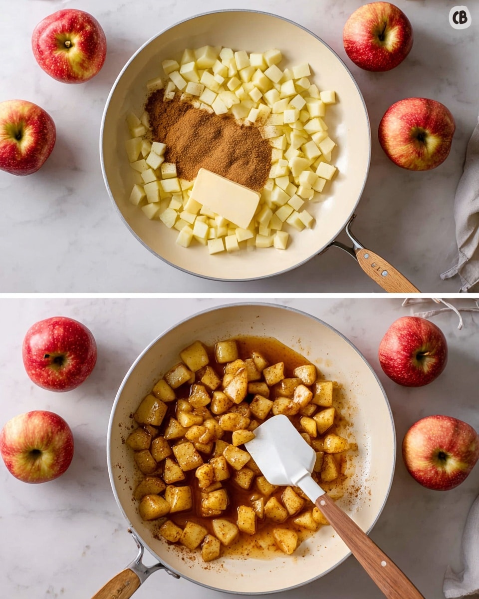 In the first image, there is a white frying pan filled with small pale yellow apple cubes evenly spread inside. On top, there is a pile of brown sugar in the center, a block of light yellow butter below it, and a sprinkle of cinnamon powder scattered around, mostly on the left side. The pan is on a white marbled surface, with a few red apples on the top side of the frame. In the second image, the same pan shows the apple cubes now cooked to a golden brown with a shiny surface, mixed with melted butter and sugar forming a sauce at the bottom left side. A white spatula with a wooden handle rests on the right side of the pan, coated with the syrupy mixture. The apples nearby and surface remain unchanged from the first image. Photo taken with an iphone --ar 4:5 --v 7