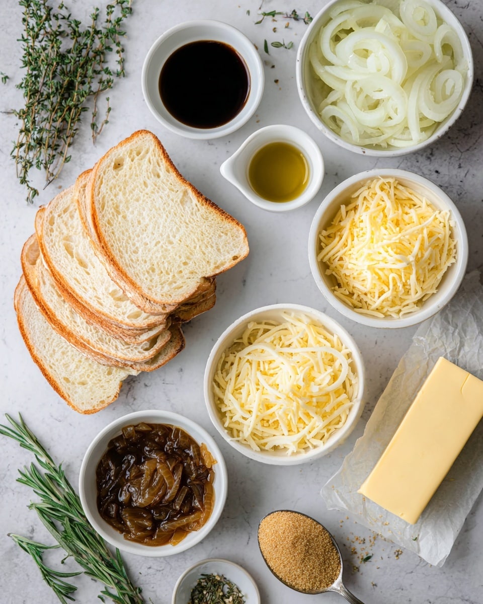 The image shows a flat lay of ingredients on a white marbled surface. In the center are four light brown slices of bread stacked slightly overlapping. Around the bread are five white bowls: one with shredded pale yellow cheese at the top right, one with sliced white onions at bottom left, one with shredded yellow cheese at bottom center, one with dark brown cooked onions in liquid below the bread, and one small bowl with grated light-colored parmesan cheese near the top left. Two small white cups hold dark balsamic vinegar and golden olive oil above the bread. Fresh green herbs, including thyme and rosemary, lay next to the bread. A stick of pale yellow butter is on open parchment paper to the right of the bread. To the lower right, there is a spoon with packed light brown sugar. The neat arrangement and soft lighting emphasize the texture and colors. Photo taken with an iphone --ar 4:5 --v 7