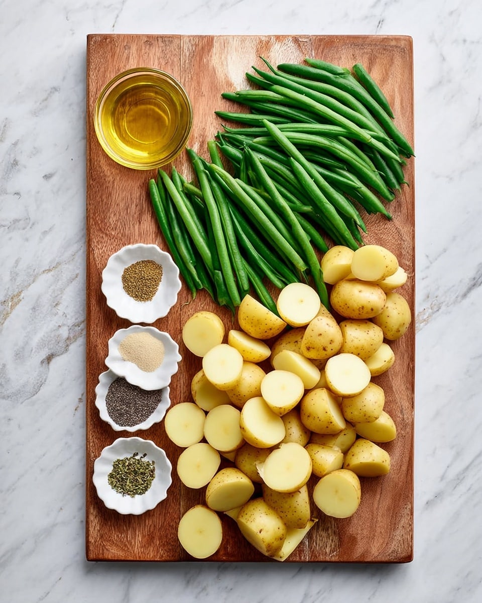 A wooden board on a white marbled surface holds two groups of food: on the top half, fresh green beans lined up with a smooth and crisp texture, their vibrant green color standing out; on the bottom half, many small yellow potatoes cut into halves and quarters, showing a smooth, pale yellow inside with a light brown skin. To the left of the board, there is a small white scalloped dish holding five piles of dry spices in different earth tones: off-white, deep green, light brown, black, and salt-white. Above it, a small clear glass bowl contains golden-colored oil. photo taken with an iphone --ar 4:5 --v 7