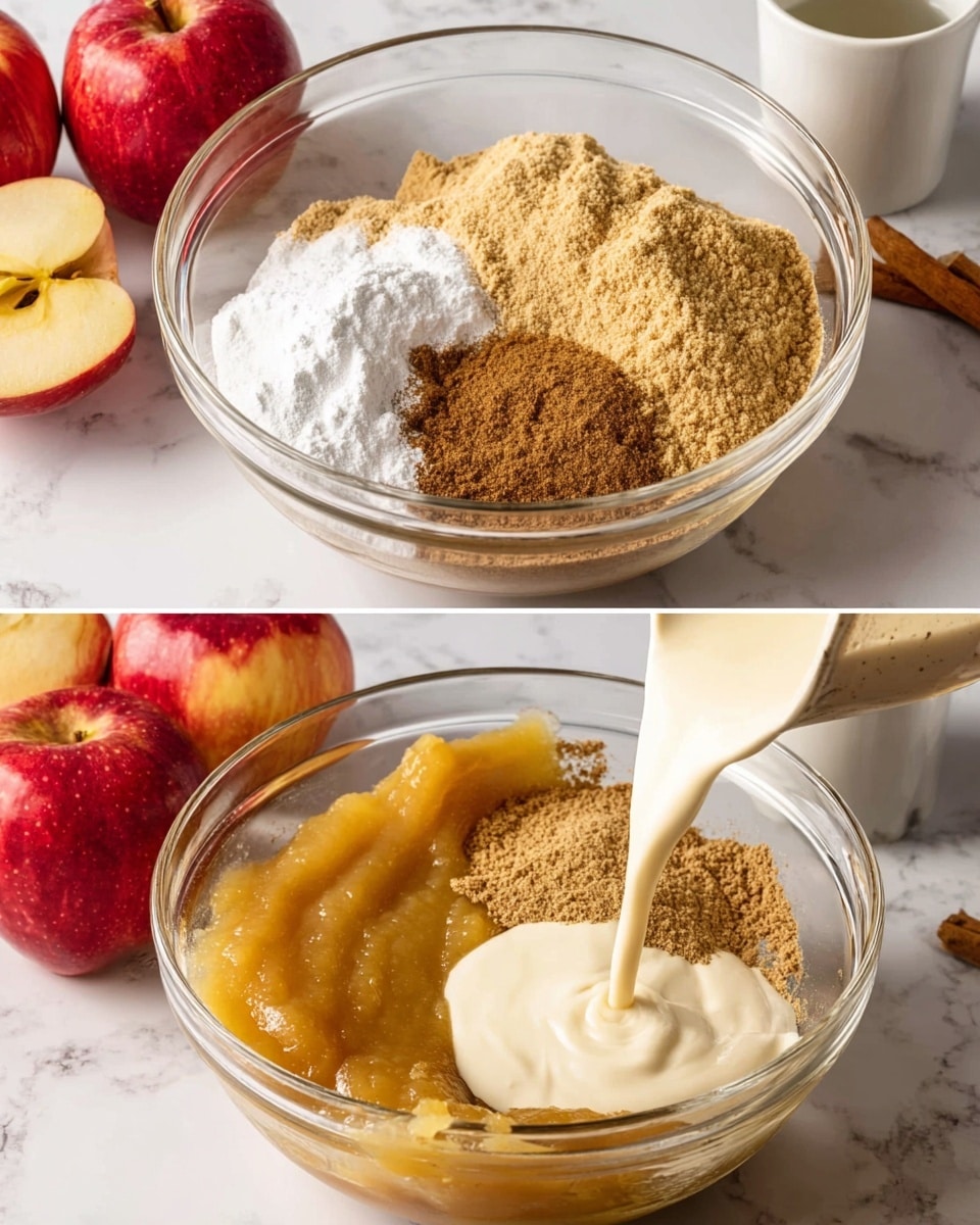 A square piece of light brown cake with a soft and slightly crumbly texture forms the bottom layer, topped by a thick, creamy off-white frosting layer. On top, small chunks of caramelized golden-brown apples are spread evenly, adding a shiny and slightly sticky look. The cake piece sits on a white plate with a scalloped edge and thin gold trim, all placed on a surface with white marble texture. In the background, the rest of the cake is visible with the same layers and toppings, along with a red apple and a blurred ceramic mug with brown and white color bands. photo taken with an iphone --ar 4:5 --v 7