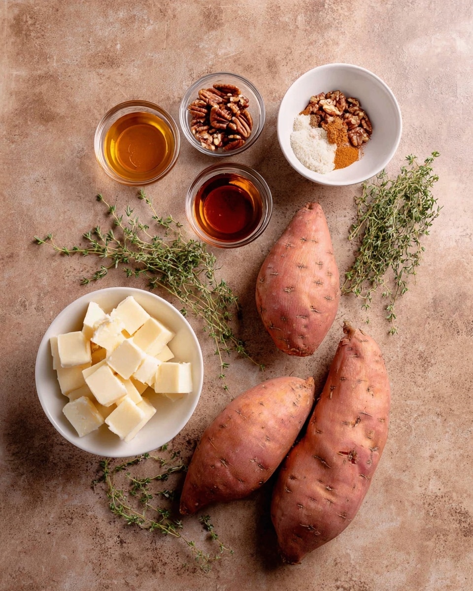 The image shows natural sweet potatoes with pinkish-brown skin placed on a rustic light brown surface, surrounded by small clear glass bowls containing golden syrup, chopped pecans, ground cinnamon, and ground nutmeg, a white bowl filled with pale yellow butter cubes, and fresh green thyme sprigs arranged loosely nearby. The elements are spread out neatly in a flat lay style on a rustic textured background. photo taken with an iphone --ar 4:5 --v 7