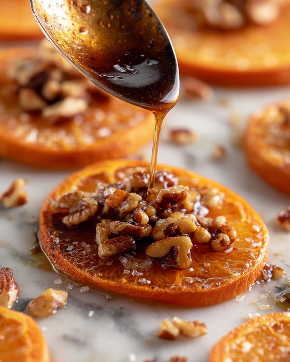 A close-up view of round orange slices arranged on a white marbled surface, each piece showing a slightly crispy texture with sugar crystals sprinkled on top. A spoon above the slices is pouring a glossy, thick brown syrup filled with small pieces of chopped nuts, creating a shiny coating over the orange slice below. The syrup catches the light, enhancing the richness and texture of the nuts and liquid flowing over the slice, with soft focus on the background slices. Photo taken with an iphone --ar 4:5 --v 7