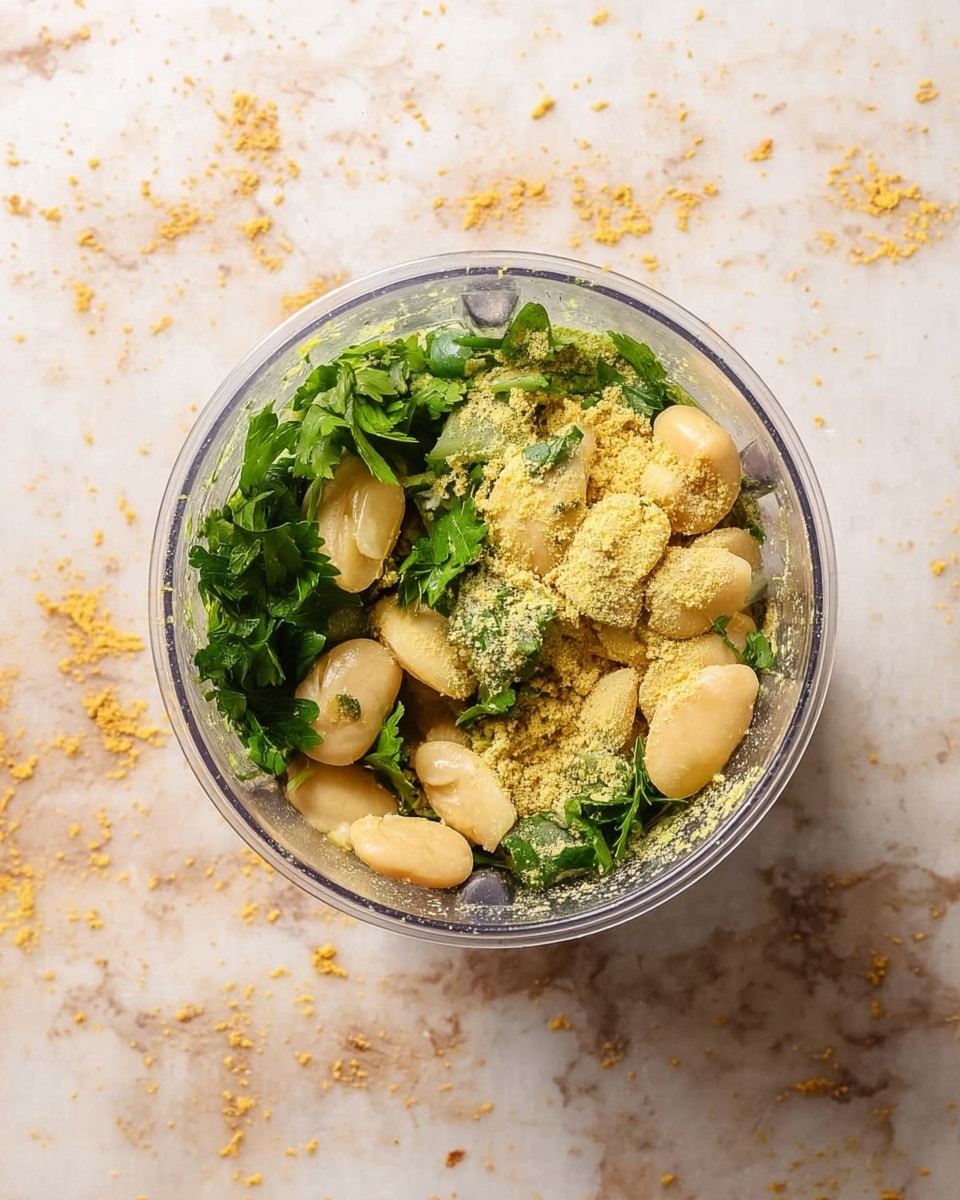 A clear blender cup sits on a white marbled texture surface with layers inside starting with fresh green parsley and herbs at the bottom, topped with light beige large beans and scattered yellow powder seasoning all over the beans and greens, showing a mix of soft and crumbly textures. photo taken with an iphone --ar 4:5 --v 7