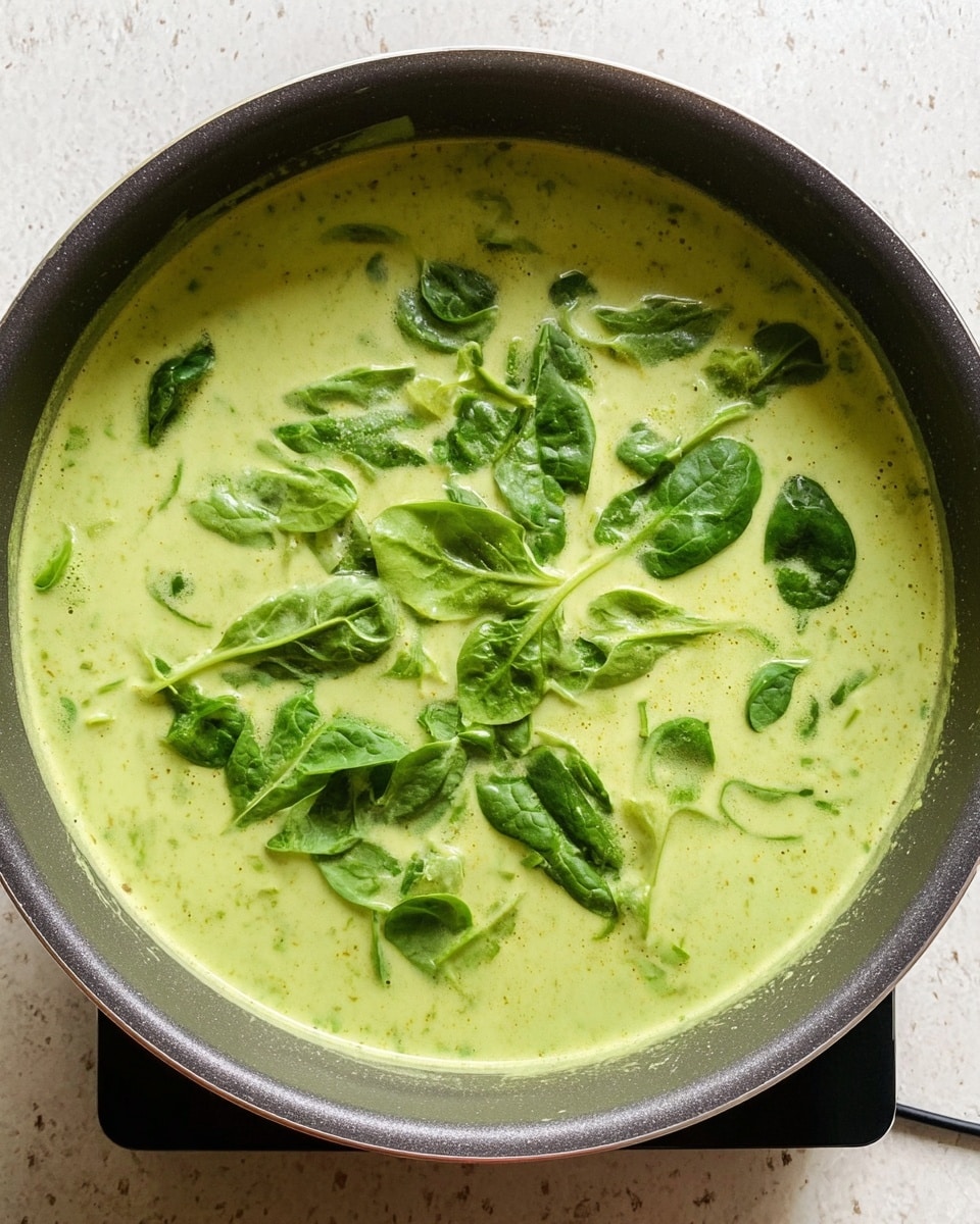 A close-up view of a pan filled with a creamy green soup, with a smooth and slightly thick texture. The soup has a light lime-green color and is topped with fresh dark green spinach leaves scattered across the surface. The pan is placed on a white marbled textured surface. Photo taken with an iphone --ar 4:5 --v 7
