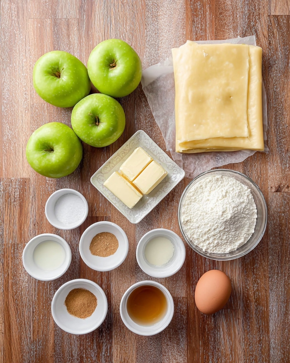 The image shows a rectangular piece of pale dough laid flat on a wooden surface with a slight dusting of flour. The dough has been sliced into long thin strips along the left and right sides but remains solid in the center. On top of the solid center, there is a mound of small, glossy, cubed apple pieces mixed with a thick caramel-colored sauce, forming a thick layer. Two green apples sit at the upper left corner of the image, and a white and turquoise checkered cloth is partially visible on the right edge. The wooden surface beneath the dough has a striped grain pattern, but the background should be imagined as a white marbled texture. Photo taken with an iphone --ar 4:5 --v 7