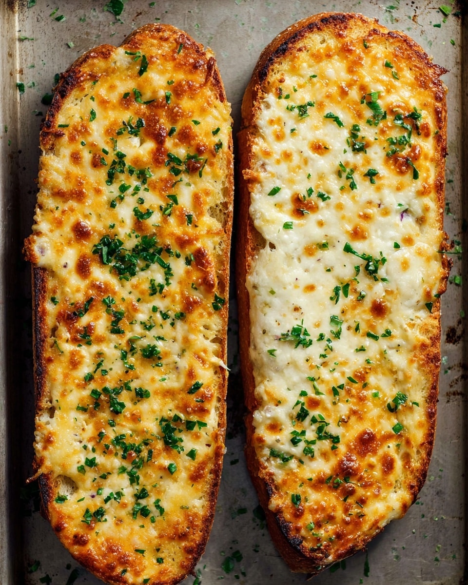 Two long slices of toasted bread lie side by side on a metal baking tray, each topped with a thick, even layer of melted cheese that is golden and bubbly with slightly browned spots. The cheese layer shows a mix of white and yellow hues and has a smooth, creamy texture with some toasted areas. Fresh green chopped herbs are sprinkled generously on top, adding a pop of color against the warm cheese. The edges of the bread are crisp and light brown, visible beneath the cheese. Photo taken with an iphone --ar 4:5 --v 7