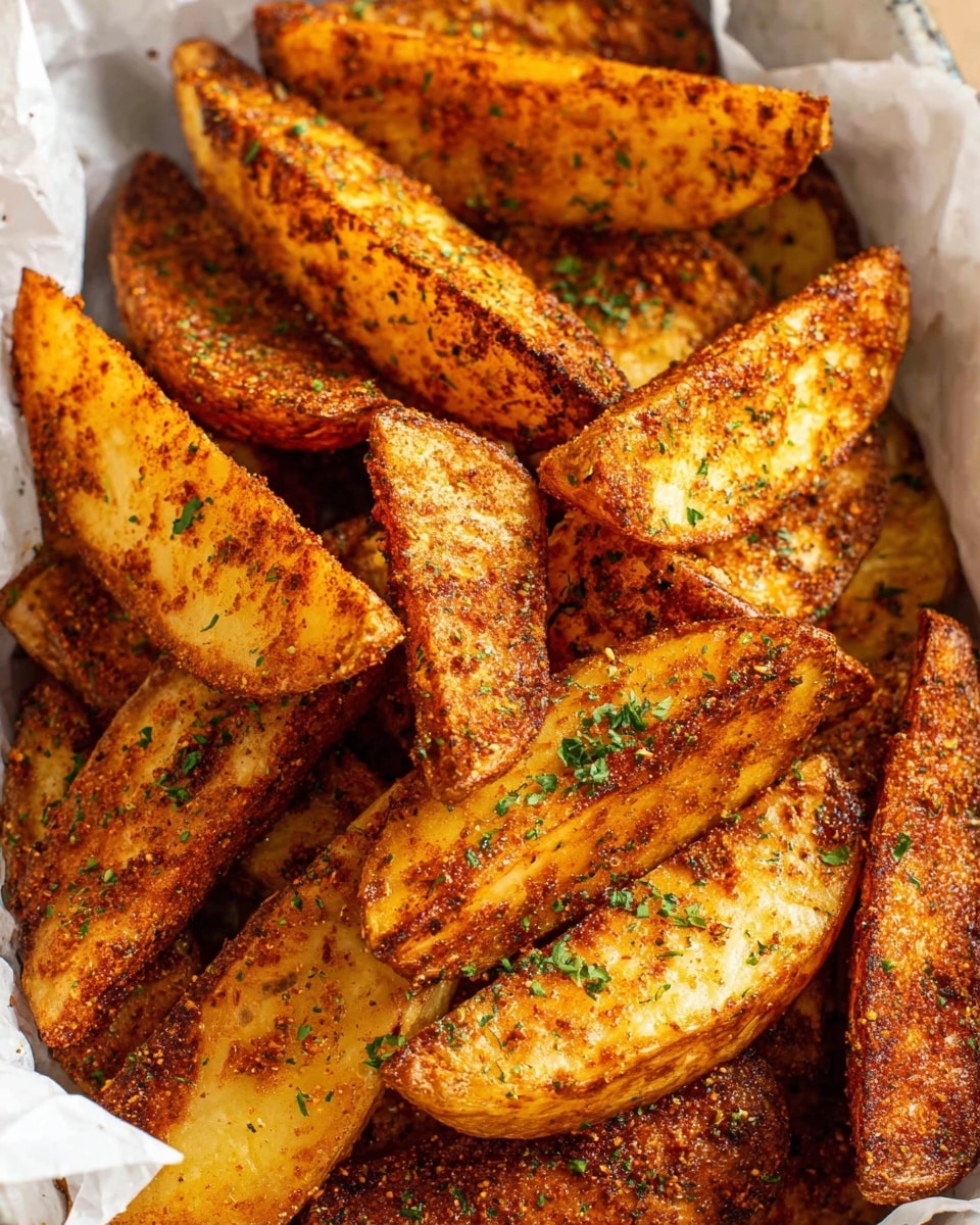 A close-up view of many potato wedges stacked together on white parchment paper, placed inside a container. Each wedge has a golden-brown color with a crispy, textured surface coated in a mix of spices giving a slightly rough look. They are sprinkled with small green herb flakes adding contrast to the warm tones. The wedges appear thick and irregular in shape, showing some rough edges and soft, lighter-colored insides visible in some pieces. The background is a white marbled texture. photo taken with an iphone --ar 4:5 --v 7