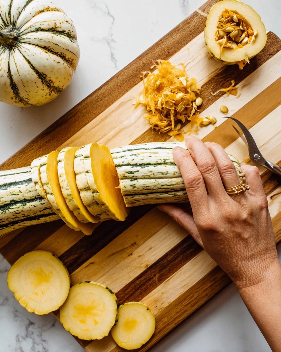 A silver pan holds a layer of toasted pumpkin seeds that are green and golden brown, scattered with shiny oil and light browning on some seeds. A wooden spatula with a white silicone head rests across the seeds, with small bits of seasoning on it. The background is a white marbled texture. photo taken with an iphone --ar 4:5 --v 7