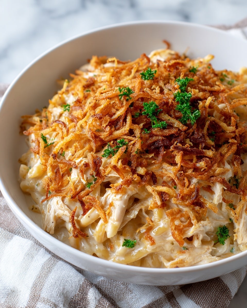 This image shows a white rectangular baking dish filled with a layered casserole. The top layer is golden brown, crispy fried onions scattered with small bits of green herbs. Below this crunchy top is a creamy, melted cheese layer that looks soft and stringy. Underneath the cheese is a thick, pale mixture of noodles and sauce, appearing rich and moist. A wooden spatula is lifting a portion from the dish, revealing the different layers with the golden fried onions on top, creamy cheese in the middle, and noodles at the bottom. The dish is set on a white marbled surface. photo taken with an iphone --ar 4:5 --v 7