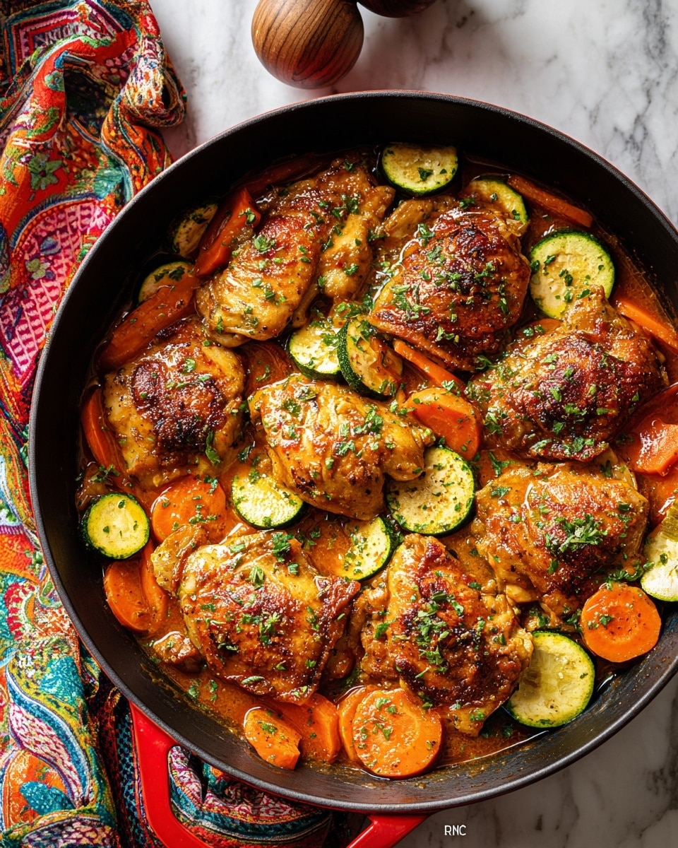 The image shows a deep black pot filled with a stew of eight browned chicken pieces immersed in a rich orange-brown sauce. Scattered among the chicken are several slices of bright orange carrots and green zucchini pieces with soft textures visible. Tiny green herb pieces are sprinkled on top of the chicken and vegetables, adding a fresh look. The pot sits on a colorful cloth with red, orange, green, and blue patterns and a wooden spoon with a natural grain finish is placed next to it on a white marbled surface. Photo taken with an iphone --ar 4:5 --v 7