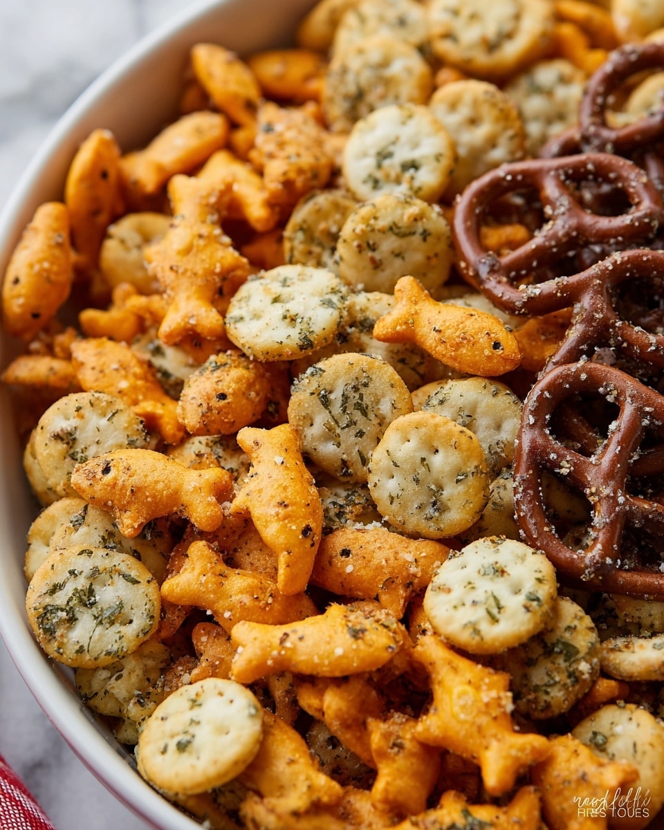 A close-up image of a snack mix in a white bowl set on a white marbled surface, showing three main layers of snacks: dark brown pretzels with a slight crunch and light seasoning on the top layer, bright orange fish-shaped crackers scattered throughout, and round, pale yellow crackers with green herb flecks as the bottom layer. The textures vary from the smooth, crunchy pretzels to the crumbly crackers, with a light coating of seasoning visible on all pieces, creating a mix of warm and neutral tones in the bowl. Photo taken with an iphone --ar 4:5 --v 7