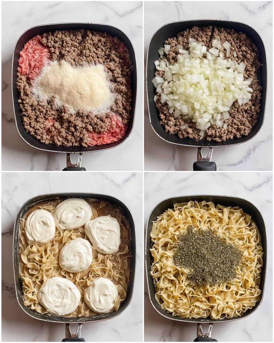 The first layer shows a black pan with raw ground meat in the center, surrounded by chopped white onions and layered with light beige garlic powder, white salt, and dark pepper on top. The second layer shows browned ground meat covering the bottom of the black pan, with two dollops of thick creamy white sauces spread on one side. The third layer presents the black pan filled halfway with a light brown creamy mixture, topped with a pile of pale yellow cooked egg noodles and sprinkled thickly with dark green dried herbs, all sitting on a white marbled surface. The fourth layer shows the black pan fully mixed with the creamy meat sauce blending into the cooked egg noodles, which have a soft swirled texture, all on the same white marbled background. photo taken with an iphone --ar 4:5 --v 7