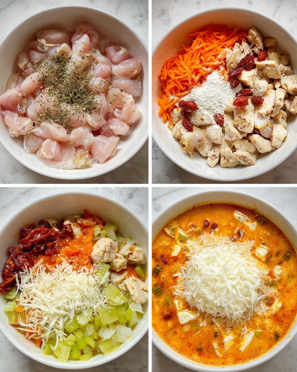The image shows four stages of cooking a dish in a white bowl on a white marbled surface. In the first stage, there are raw small pink chicken pieces seasoned with dried herbs on top. In the second stage, cooked chicken pieces are mixed with bright orange shredded carrots, white chopped onions, dark red sun-dried tomatoes, and light green celery chunks all in separate piles. The third stage shows the mix of all earlier ingredients stirred together, now sprinkled with a white powder that looks like flour. In the last stage, the dish turns into a thick orange soup with creamy texture, topped with a mound of white shredded cheese or cream in the middle. The photo taken with an iphone --ar 4:5 --v 7