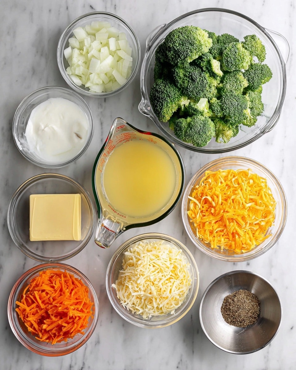 A top-down view showing nine clear glass bowls arranged on a white marbled surface. The largest bowl in the top right holds fresh green broccoli florets with a bumpy texture. To its left is a medium bowl filled with small white onion pieces, and below the onions is a small stainless steel bowl with minced garlic. In the center is a large measuring cup with light yellow chicken broth. Below the broth is a glass cup of white milk. To the left of the milk is a bowl containing shredded bright orange carrots. Above that is another medium bowl with pale yellow flour and a block of yellow butter on top next to it. To the right of the carrots is a bowl filled with shredded golden smoked gouda cheese, and to the right of that is a small steel bowl with dark red, black, and white seasonings. The whole setup is bright and clear, perfect for showing fresh cooking ingredients photo taken with an iphone --ar 4:5 --v 7