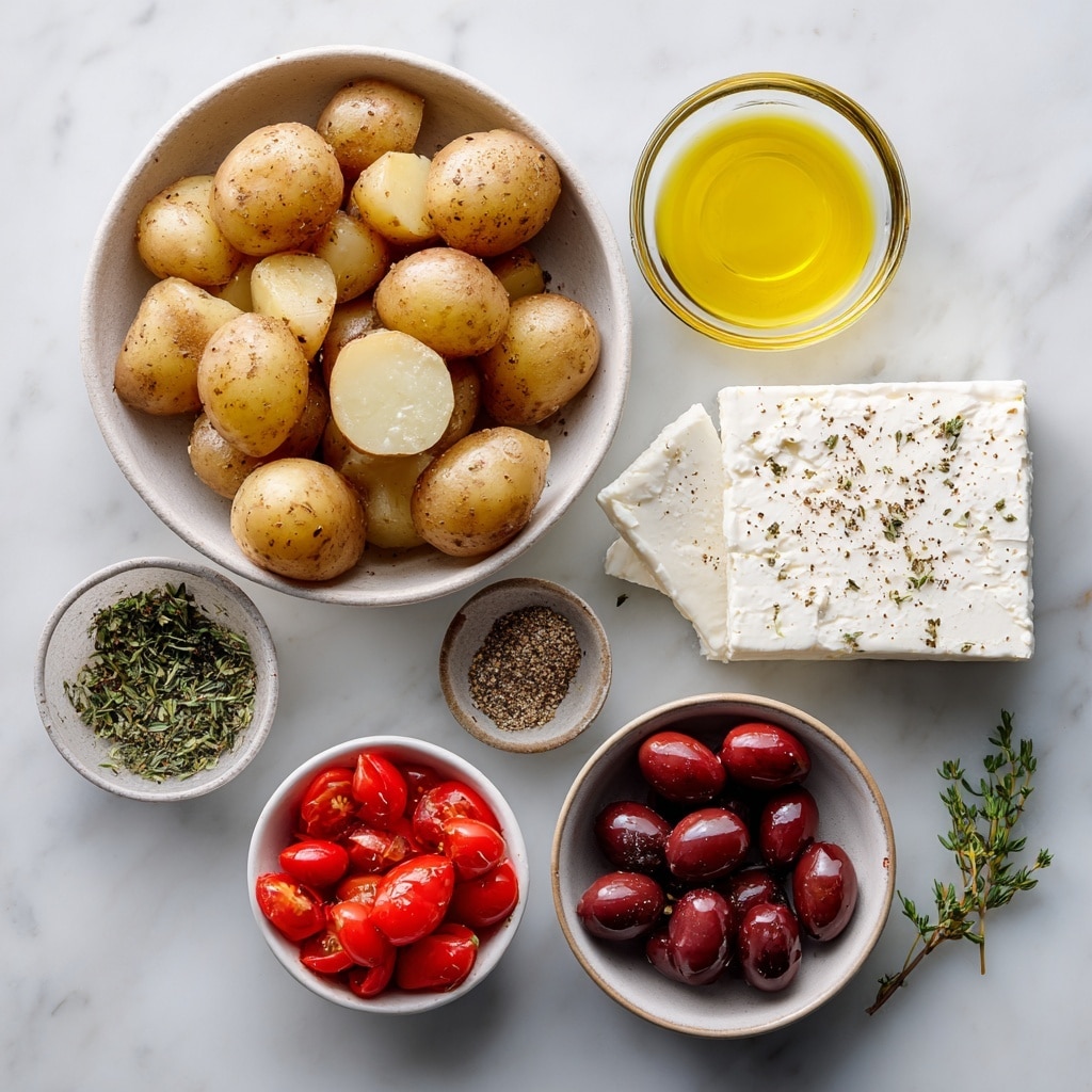 The image shows a bowl full of small roasted potatoes that are golden brown with slightly crispy skins and soft, light yellow inside. On top of the potatoes, there are small dollops of white cheese that look soft and crumbly, scattered evenly throughout. Tiny green herb leaves are sprinkled over the dish, adding subtle color contrast. The bowl is white and sits on a white marbled surface, with a close-up view that highlights the texture and detail of each potato and cheese piece. photo taken with an iphone --ar 4:5 --v 7